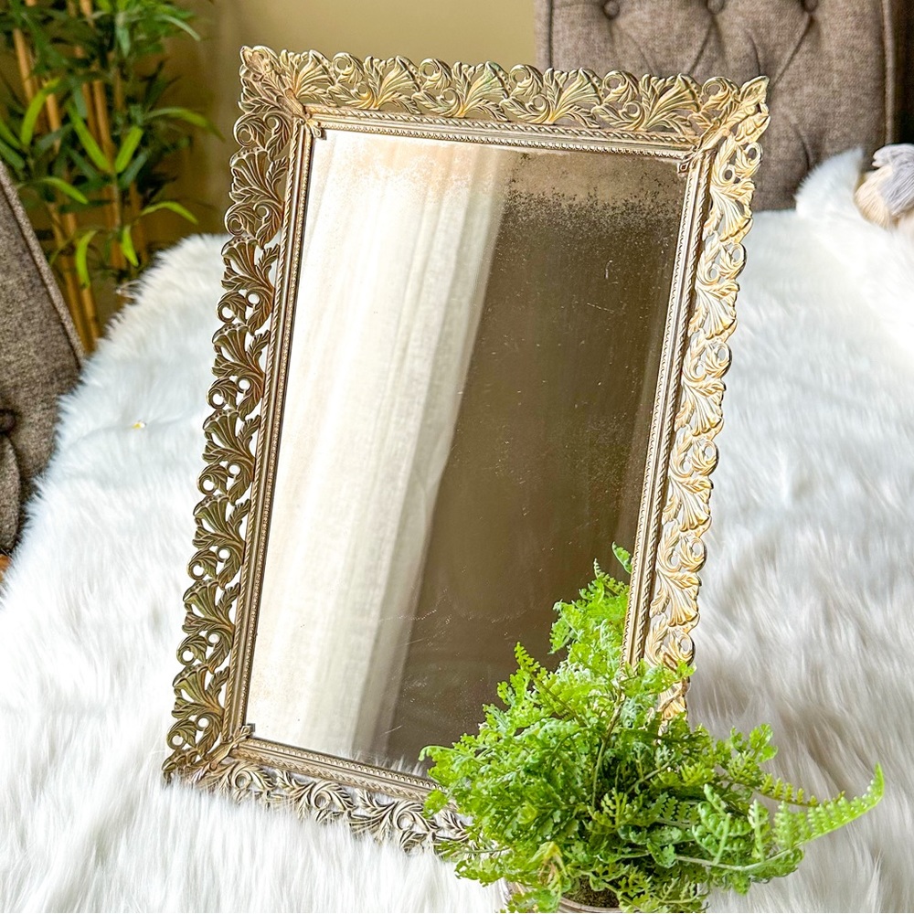 Vintage Ornate Gold Gilt Filigree Rectangle Vanity Mirror Tray Hollywood Regency